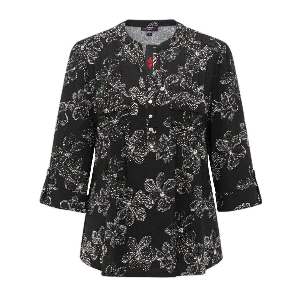 Cocomo Women's Plus Size 2X Black & White Floral Print Pintuck 3/4 Sleeve Top